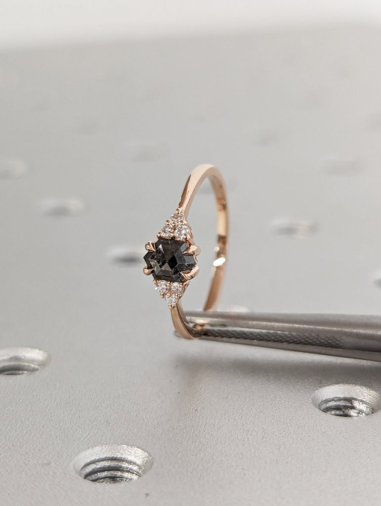Vintage salt and pepper diamond engagement ring rose gold engagement ring diamond cluster ring wedding Bridal Anniversary Hexagon Cut