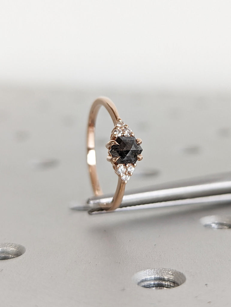 Vintage salt and pepper diamond engagement ring rose gold engagement ring diamond cluster ring wedding Bridal Anniversary Hexagon Cut