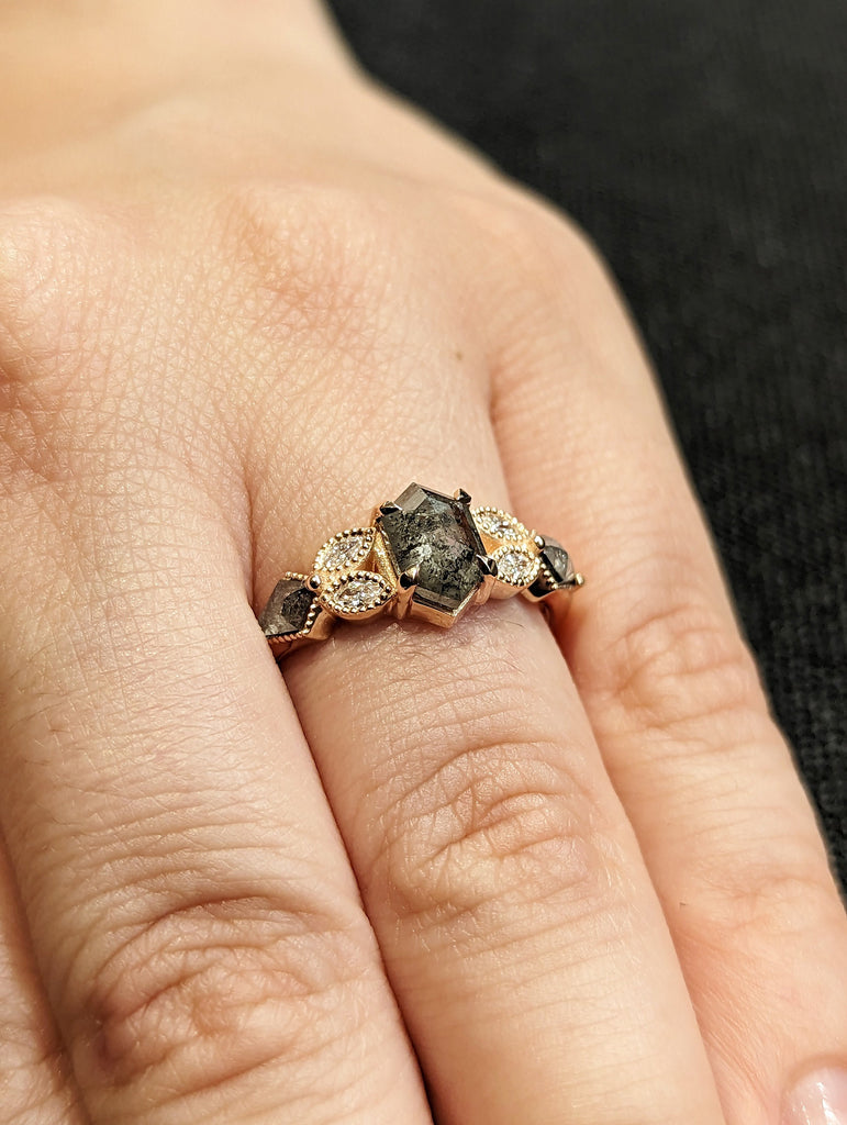 Galaxy Raw Salt and Pepper Diamond Ring- Hexagon Cut Diamond Engagement Rings- Unique Bridal Geometric Diamond Promise Ring Cluster Diamond