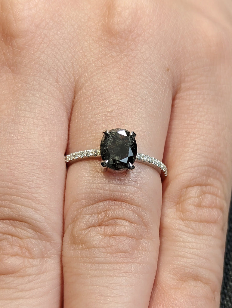 1920's Raw Salt and Pepper Diamond, Oval Diamond Ring, Unique Engagement Bridal Set, Black, Gray Oval, 14k Yellow, Rose, Black or White Gold