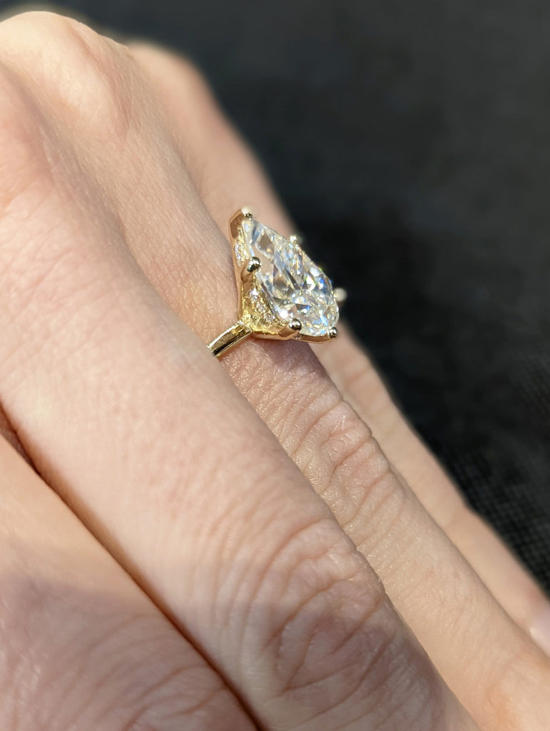 Hidden halo engagement ring, solitaire pear moissanite ring, Hidden Halo Pear Cut Solitaire Engagement Ring in 14K Yellow gold