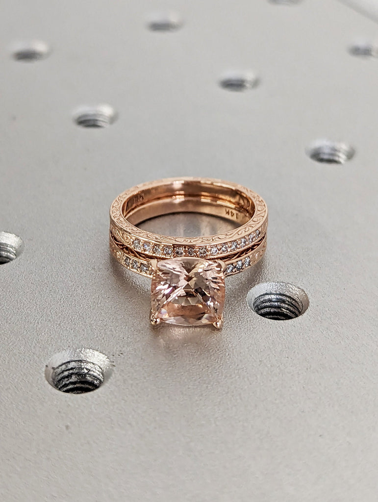 Cushion Cut Morganite Engagement Ring Set Rose Gold Pink Morganite Wedding Ring Set Diamond Filigree Carved Wedding Band Women Bridal Set