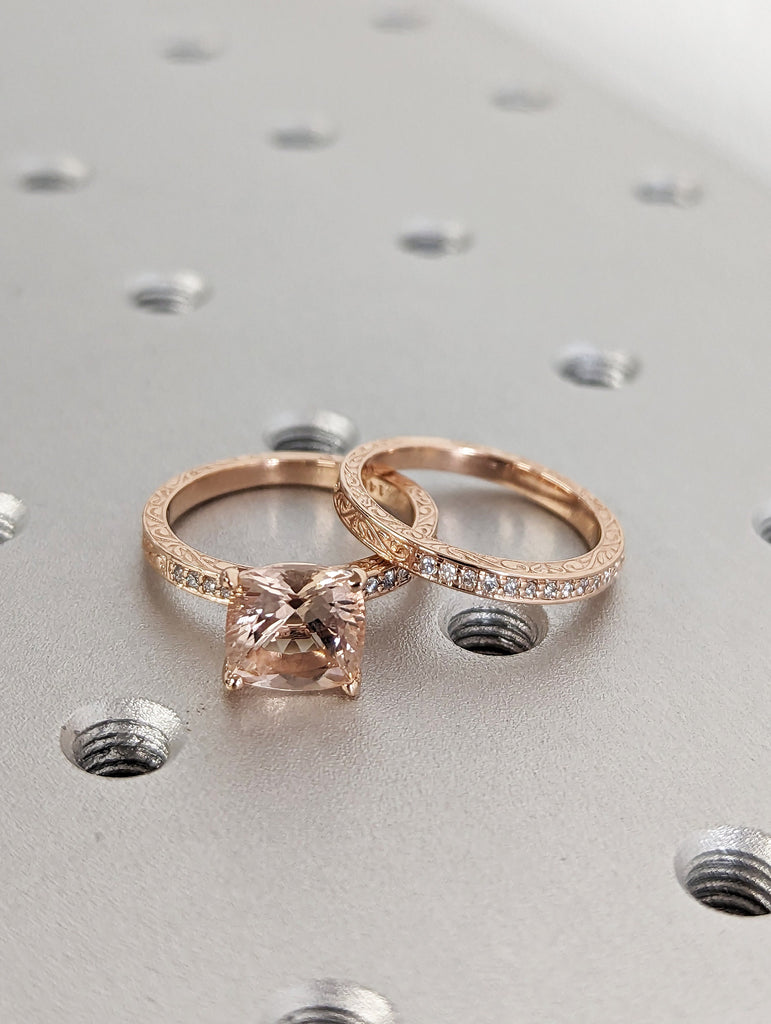 Cushion Cut Morganite Engagement Ring Set Rose Gold Pink Morganite Wedding Ring Set Diamond Filigree Carved Wedding Band Women Bridal Set