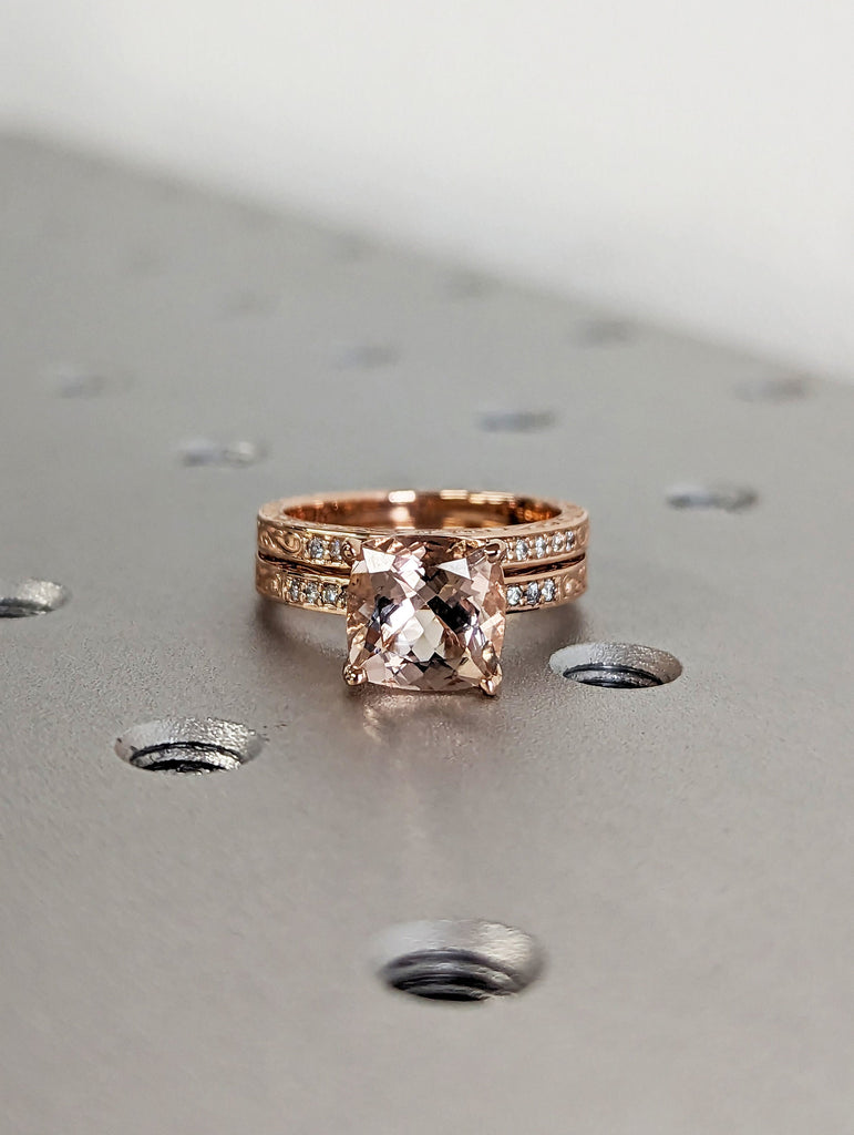 Cushion Cut Morganite Engagement Ring Set Rose Gold Pink Morganite Wedding Ring Set Diamond Filigree Carved Wedding Band Women Bridal Set