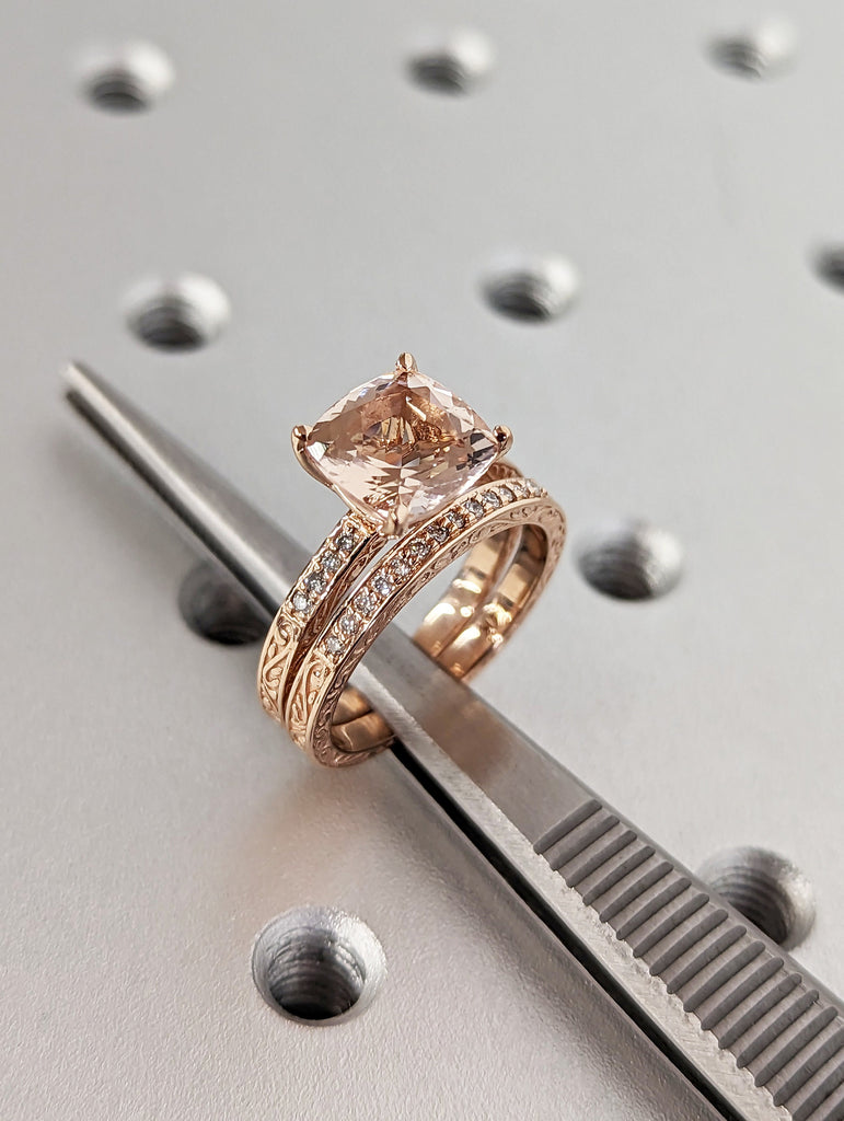 Cushion Cut Morganite Engagement Ring Set Rose Gold Pink Morganite Wedding Ring Set Diamond Filigree Carved Wedding Band Women Bridal Set