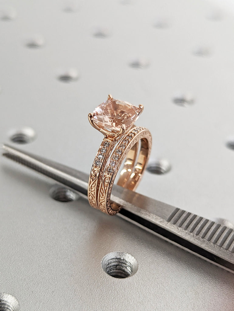 Cushion Cut Morganite Engagement Ring Set Rose Gold Pink Morganite Wedding Ring Set Diamond Filigree Carved Wedding Band Women Bridal Set