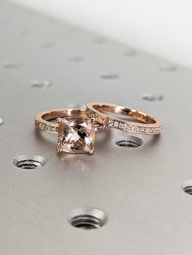 Cushion Cut Morganite Engagement Ring Set Rose Gold Pink Morganite Wedding Ring Set Diamond Filigree Carved Wedding Band Women Bridal Set