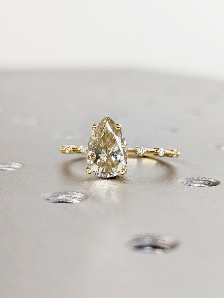 Pear Cut Fancy Color Yellow Moissanite Engagement Ring, Distance Pave Ring, Side Stone Round Cut, Anniversary Gift Ring, Ring For Her