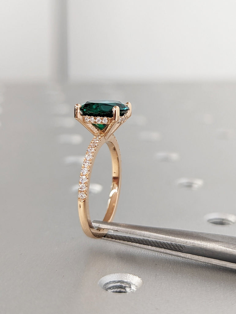 Emerald Engagement Ring 3ct Emerald Ring Solid 18K Gold Engagement Ring Cluster Ring Diamond Hidden Halo Ring Promise Ring Anniversary Gift