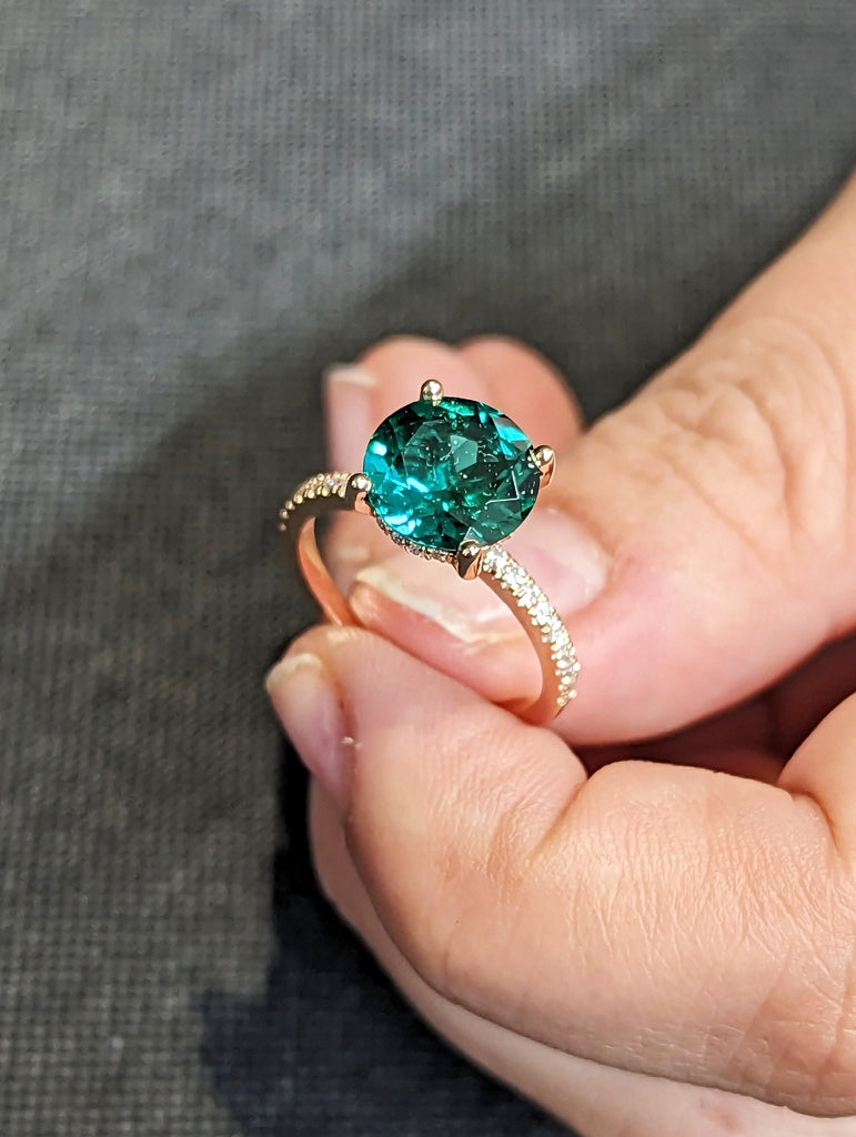 Emerald Engagement Ring 3ct Emerald Ring Solid 18K Gold Engagement Ring Cluster Ring Diamond Hidden Halo Ring Promise Ring Anniversary Gift