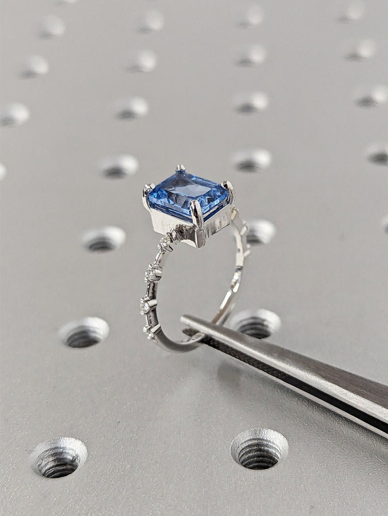 Unique Aquamarine Ring, Elegant Engagement Ring, Blue Promise Ring, 14k Gold, Radiant Cut Aquamarine Ring, Anniversary Birthday Gift For Her
