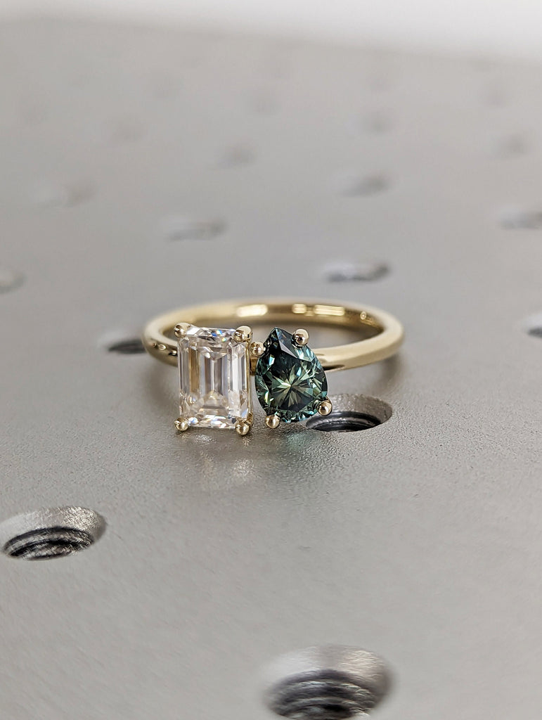 Pear And Emerald Cut Toi Et Moi Moissanite Ring / Green Pear Moissanite Engagement Ring / 14K Yellow Gold Anniversary Ring / Two Stone Ring