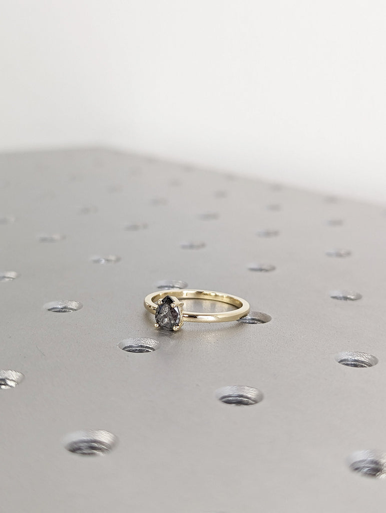 1920's Raw Salt and Pepper Diamond, Rose Cut Pear Diamond Ring, Unique Engagement, Black, Gray Pear, 14k Yellow, Rose, or White Gold