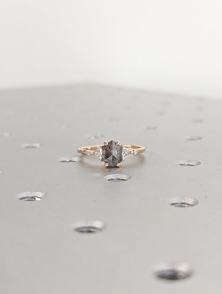 Raw Diamond Hexagon Triangle Diamond, Salt and Pepper, Plain Unique Bridal Engagement Set, Rose Cut Geometric Diamond Ring, Custom Handmade