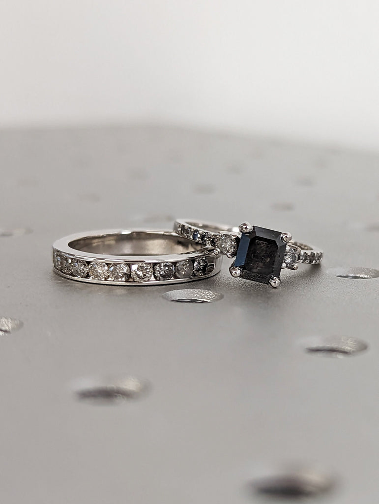 Galaxy Raw Salt and Pepper Diamond Ring- Emerald Cut Diamond Engagement Ring Sets- Unique Bridal Geometric Diamond Promise Ring Set Art Deco