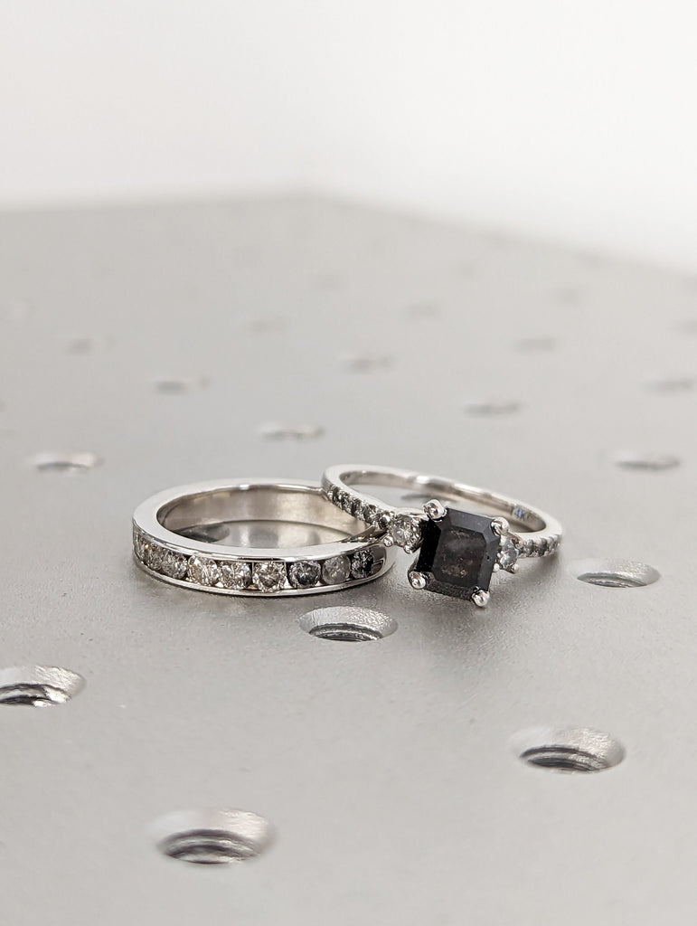 Galaxy Raw Salt and Pepper Diamond Ring- Emerald Cut Diamond Engagement Ring Sets- Unique Bridal Geometric Diamond Promise Ring Set Art Deco