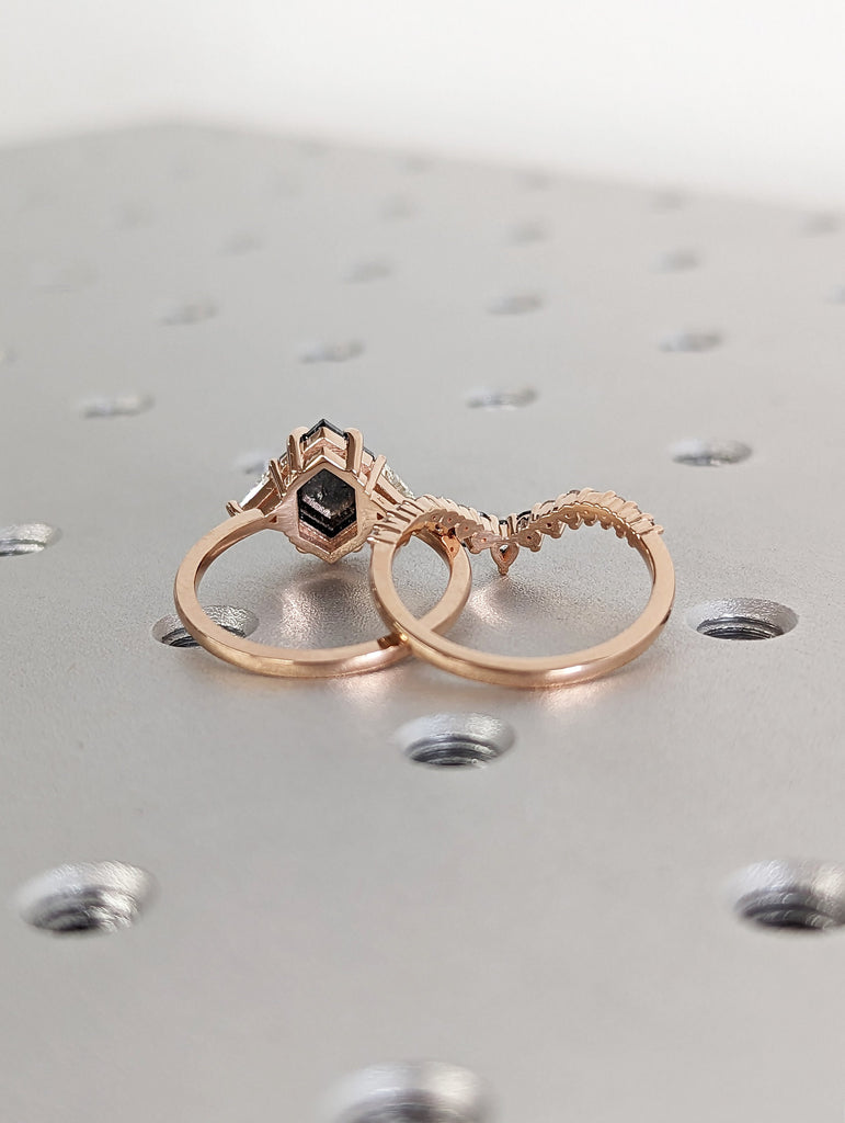 Raw Diamond Hexagon Triangle Diamond, Salt and Pepper, Plain Unique Bridal Engagement Set, Hexagon Cut Geometric Diamond Ring, Custom Ring
