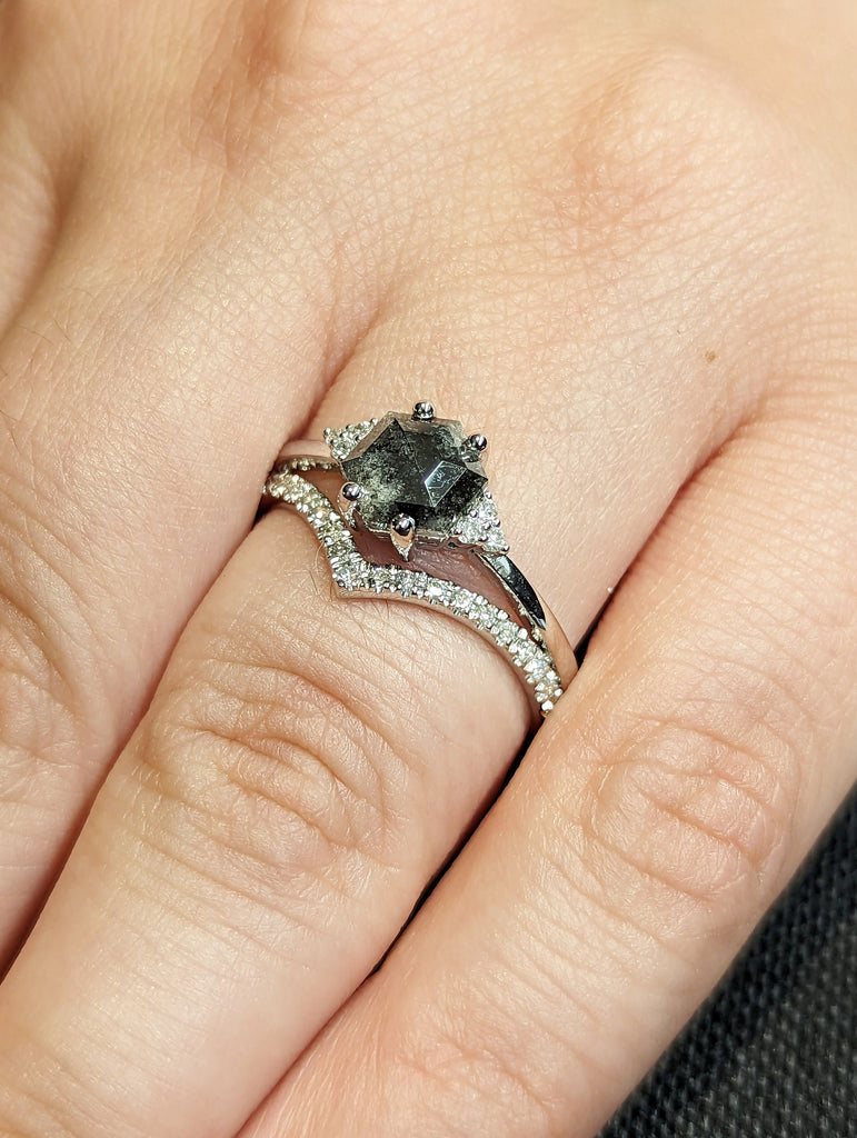 Raw Diamond Hexagon Shaped Diamond, Salt and Pepper, Plain Unique Bridal Engagement Set, Rose Cut Geometric Diamond Ring, Custom Handmade