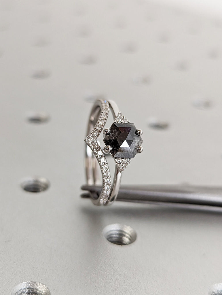 Raw Diamond Hexagon Shaped Diamond, Salt and Pepper, Plain Unique Bridal Engagement Set, Rose Cut Geometric Diamond Ring, Custom Handmade