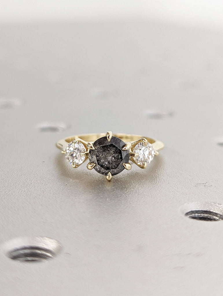 1 ct 1920's Raw Salt and Pepper Diamond, Round Diamond Ring, Unique Engagement Bridal, Black, Gray Pear, 14k Yellow, Rose, Black, White Gold