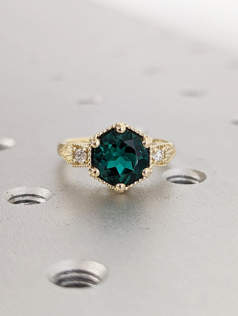 Emerald ring vintage emerald engagement ring 14k yellow gold ring gift unique antique wedding promise anniversary ring for her birthstone