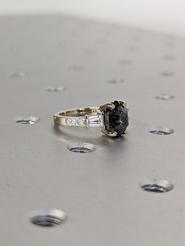 Raw Diamond Hexagon Baguette Diamond, Salt and Pepper, Unique Engagement Ring, Rose Cut Geometric Diamond Ring, 14k Gold, Custom Handmade