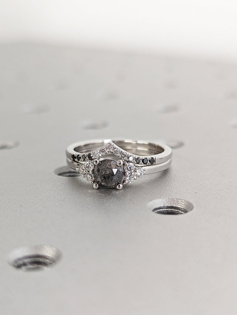 Unique Galaxy Round Cut Salt and Pepper Engagement Ring Set, Seven Stone Ring, Jewelry Gift For Women, Special Design Real Gold Ring For Her