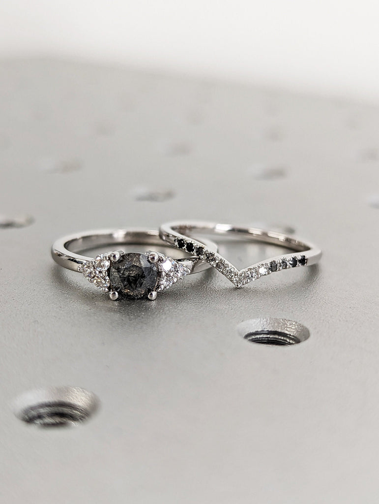 Unique Galaxy Round Cut Salt and Pepper Engagement Ring Set, Seven Stone Ring, Jewelry Gift For Women, Special Design Real Gold Ring For Her
