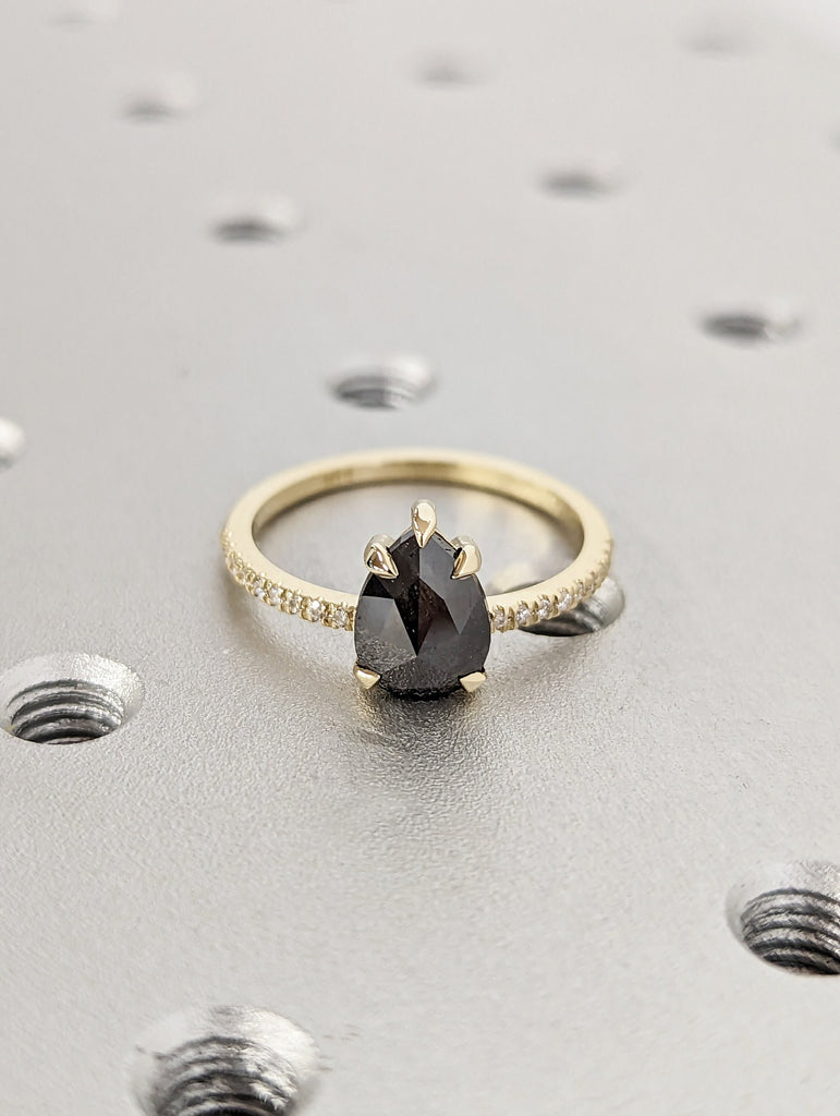 1.5 Carat 1920's Raw Salt and Pepper Diamond, Pear Diamond Ring, Unique Engagement Bridal , Black, Gray Pear 14k Yellow, Rose White Gold