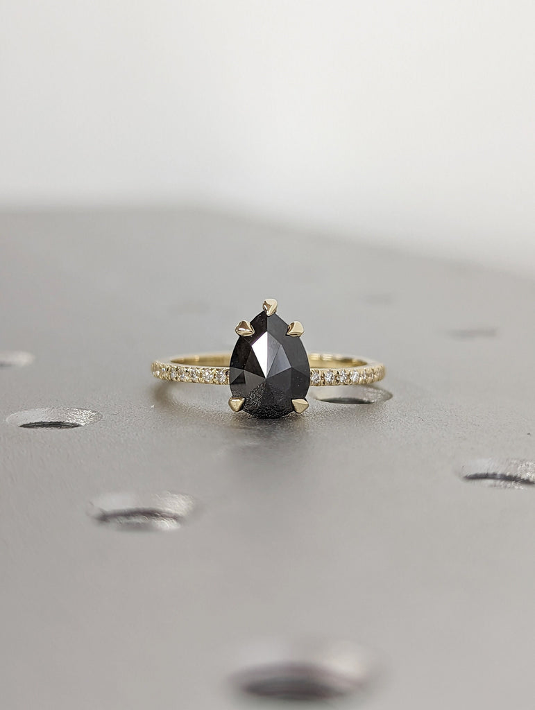 1.5 Carat 1920's Raw Salt and Pepper Diamond, Pear Diamond Ring, Unique Engagement Bridal , Black, Gray Pear 14k Yellow, Rose White Gold