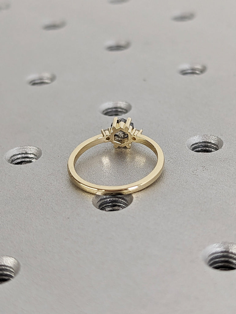 Raw Diamond, Salt and Pepper, Hexagon, Unique Engagement Ring, Rose Cut Geometric Diamond Ring, 14k Gold, Custom Handmade, Minimalist Ring