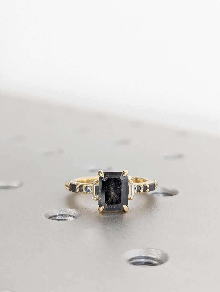 Raw Diamond Emerald Baguette Diamond, Salt and Pepper, Unique Engagement Ring, Rose Cut Geometric Diamond Ring, 14k Gold, Custom Handmade