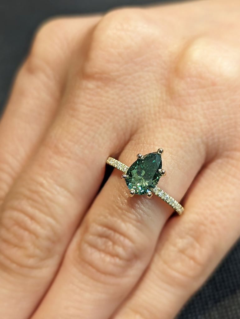 Colored Moissanite Engagement, Green Moissanite Ring, Vintage blue-green pear engagement ring, Green Color Moissanite hidden halo ring