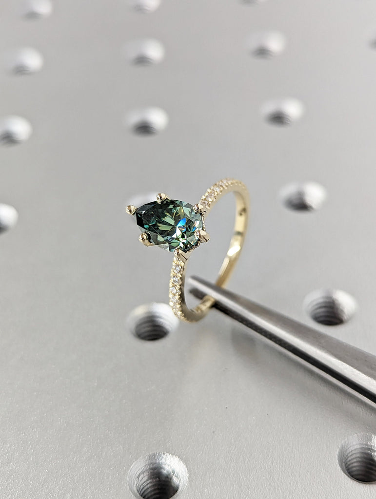Colored Moissanite Engagement, Green Moissanite Ring, Vintage blue-green pear engagement ring, Green Color Moissanite hidden halo ring