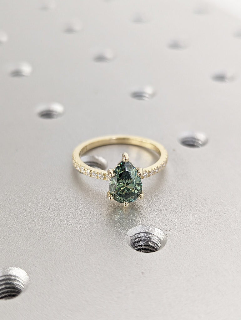 Colored Moissanite Engagement, Green Moissanite Ring, Vintage blue-green pear engagement ring, Green Color Moissanite hidden halo ring