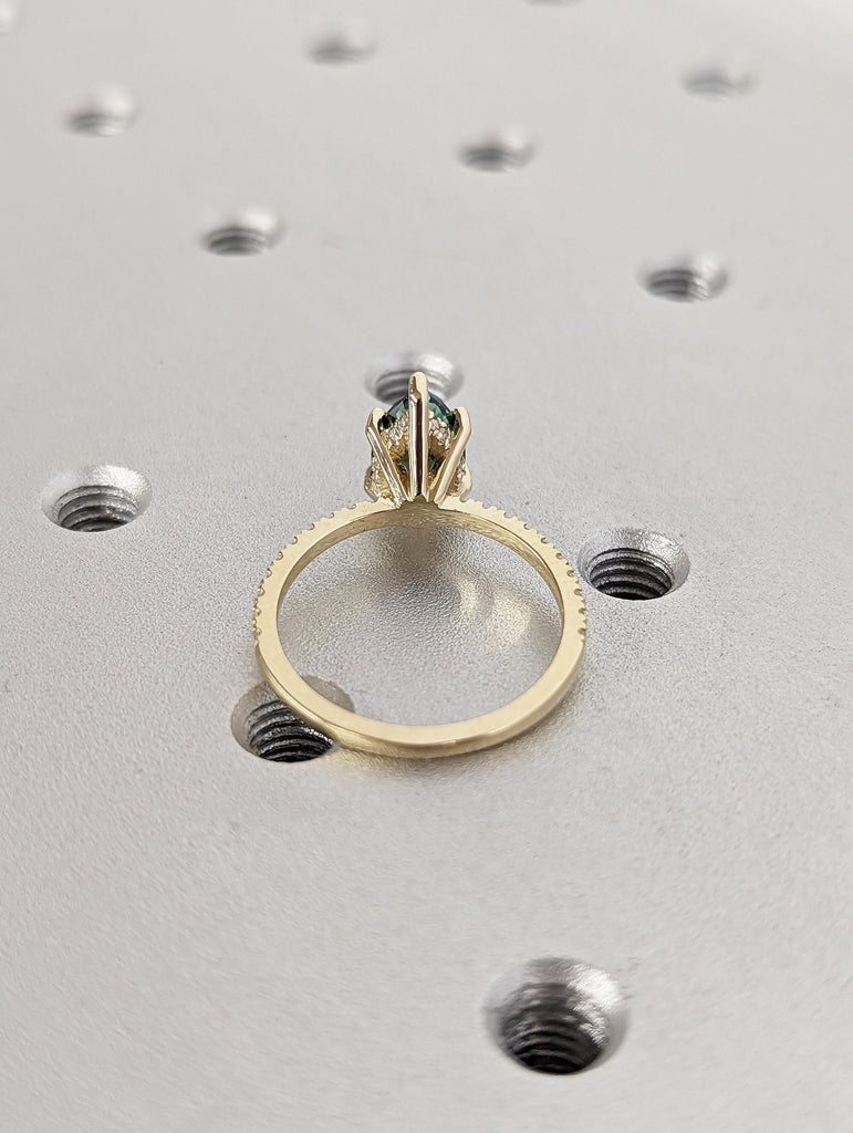 Colored Moissanite Engagement, Green Moissanite Ring, Vintage blue-green pear engagement ring, Green Color Moissanite hidden halo ring