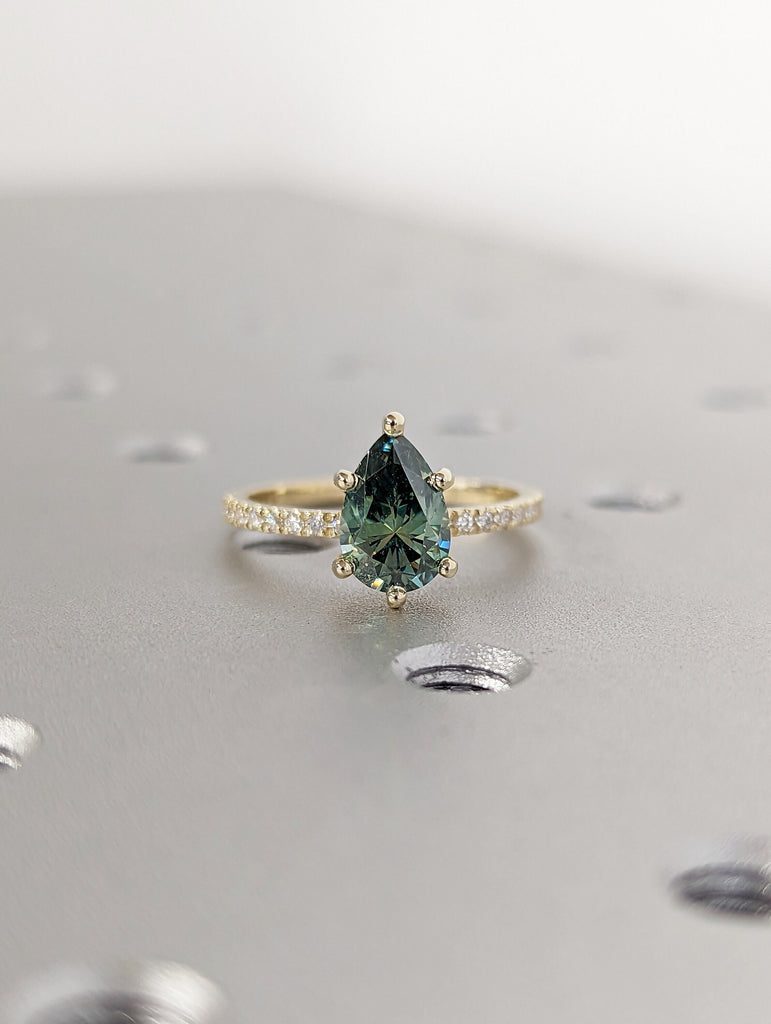 Colored Moissanite Engagement, Green Moissanite Ring, Vintage blue-green pear engagement ring, Green Color Moissanite hidden halo ring