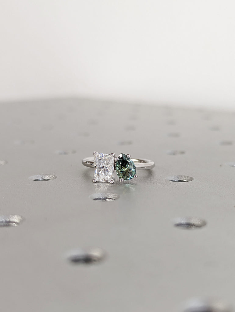 1 Carat Double Stone Engagement Ring Green Pear Cut and Radiant Cut Moissanite Two Stone Wedding Ring 14K White Yellow Rose Gold