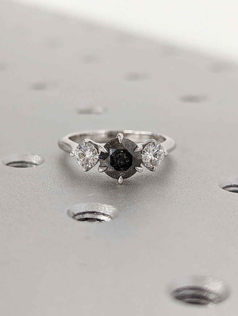 1 Carat 1920's Raw Salt and Pepper Diamond, Round Diamond Ring, Unique Engagement Bridal, Black, Gray Pear, 14k Yellow Rose White Black Gold