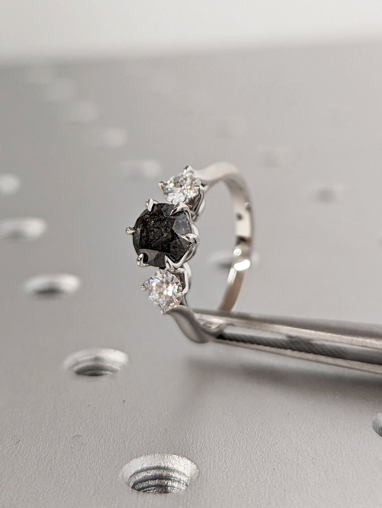 1 Carat 1920's Raw Salt and Pepper Diamond, Round Diamond Ring, Unique Engagement Bridal, Black, Gray Pear, 14k Yellow Rose White Black Gold