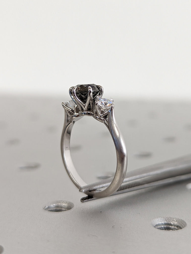 1 Carat 1920's Raw Salt and Pepper Diamond, Round Diamond Ring, Unique Engagement Bridal, Black, Gray Pear, 14k Yellow Rose White Black Gold