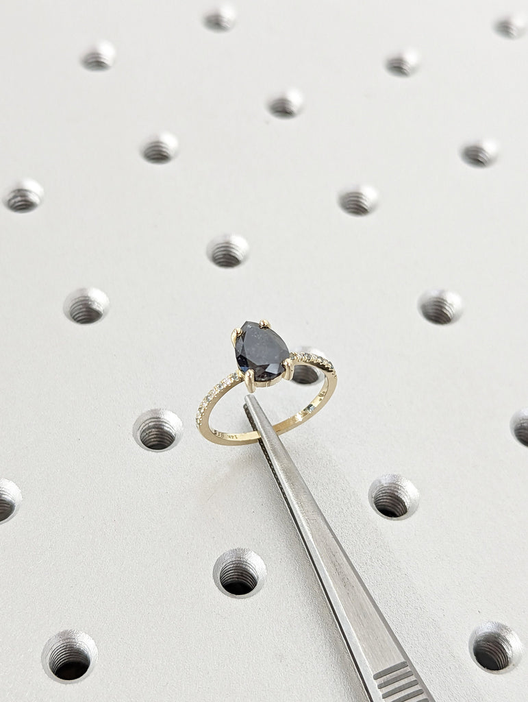 2ct 1920's Raw Salt and Pepper Diamond, Pear Diamond Ring, Unique Engagement Ring, 14k 18k Yellow, Rose, Black or White Gold, Aquamarine
