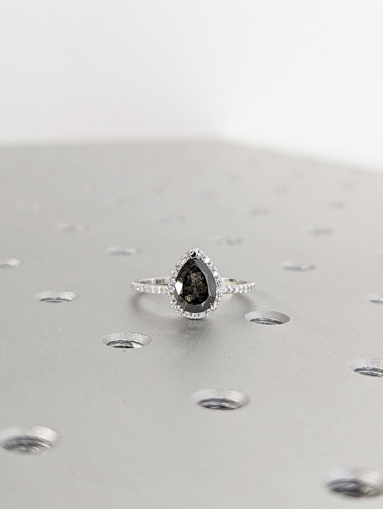 1920's Raw Salt and Pepper Diamond Halo, Pear Diamond Halo Ring, Unique Engagement Bridal Set, Black, Gray Pear, 14k Yellow Rose White Gold