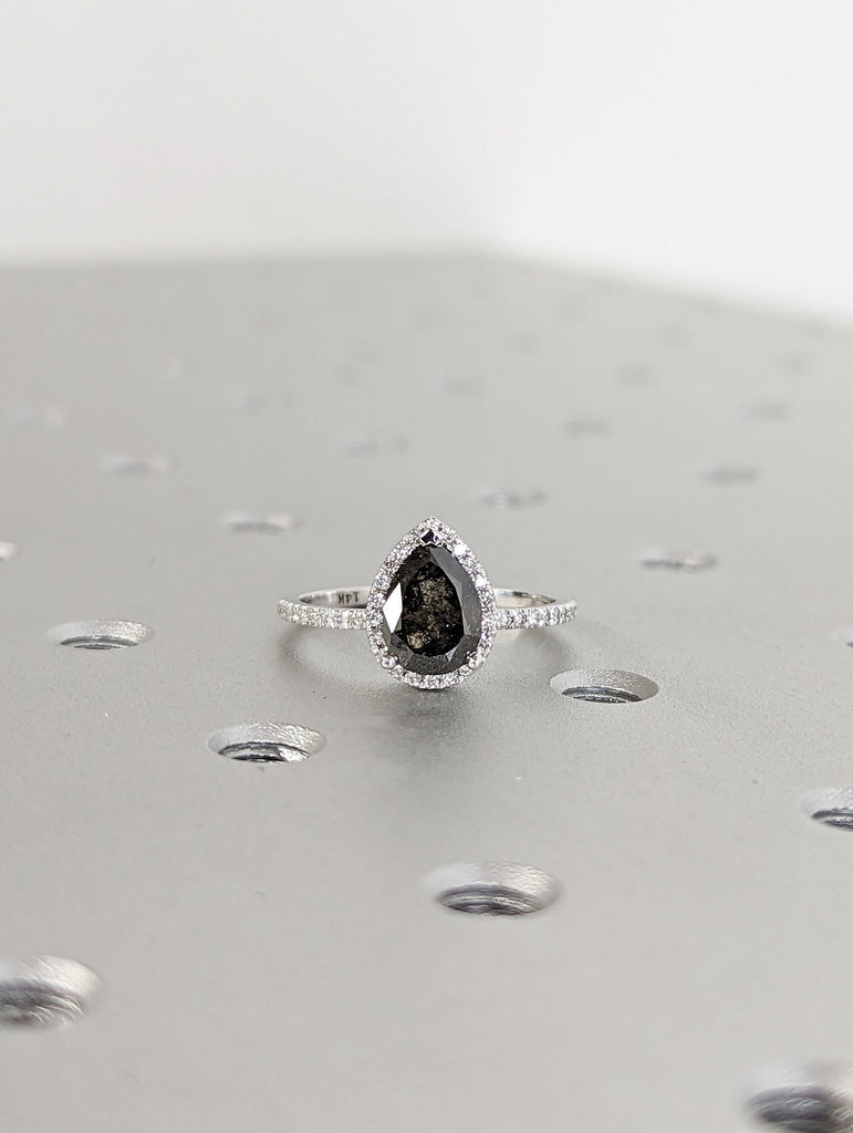 1920's Raw Salt and Pepper Diamond Halo, Pear Diamond Halo Ring, Unique Engagement Bridal Set, Black, Gray Pear, 14k Yellow Rose White Gold