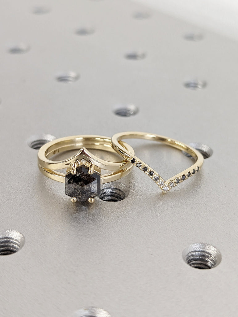 Raw Diamond, Salt and Pepper, Hexagon, Unique Engagement Ring, Rose Cut Geometric Diamond Ring, 14k Gold, Custom Handmade, Bridal Set, 2 pcs