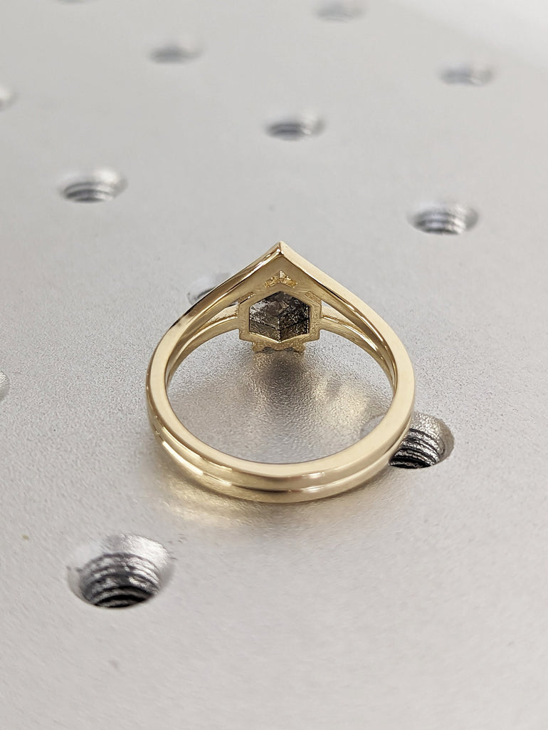 Raw Diamond, Salt and Pepper, Hexagon, Unique Engagement Ring, Rose Cut Geometric Diamond Ring, 14k Gold, Custom Handmade, Bridal Set, 2 pcs