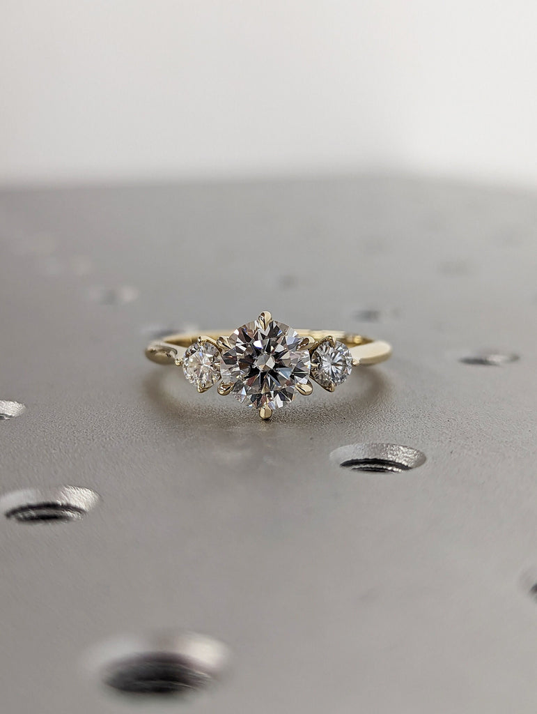 Petite Round Cut Moissanite Three Stone Ring in 14K Yellow Gold Engagement Ring, Promise Ring, Dainty Gold Ring, Moissanite Ring, Minimalist
