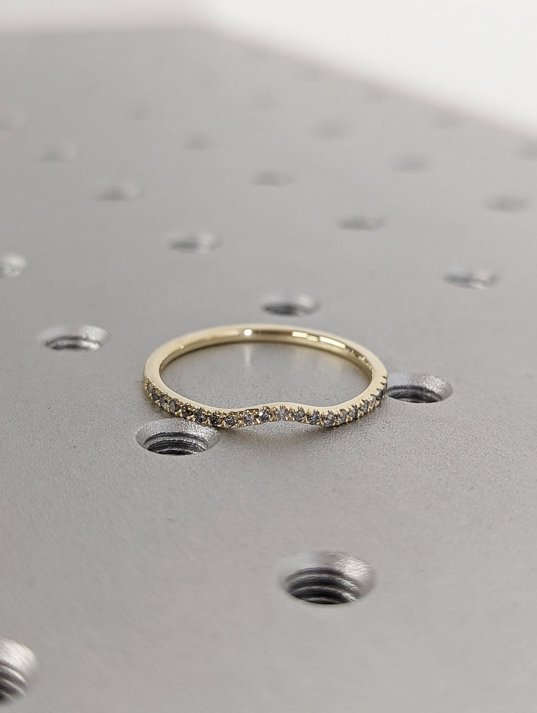 Delicate Diamond wedding band yellow gold Round Salt and Pepper Diamond curved matching band Antique Stacking band diamond ring bridal ring