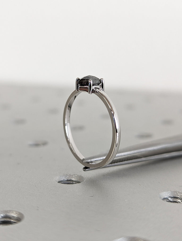 Raw Diamond, Salt and Pepper, Hexagon, Unique Engagement Ring, Rose Cut Geometric Diamond Ring, 14k Gold, 18K White Gold, Custom Handmade