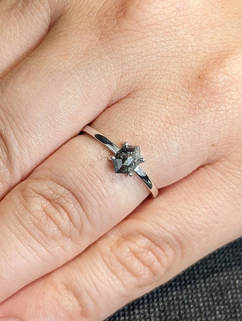 Raw Diamond, Salt and Pepper, Hexagon, Unique Engagement Ring, Rose Cut Geometric Diamond Ring, 14k Gold, 18K White Gold, Custom Handmade